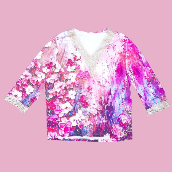 Plus Size 2X Floral Top with Lace Neckline and Cuff Details - Picture 1 of 5